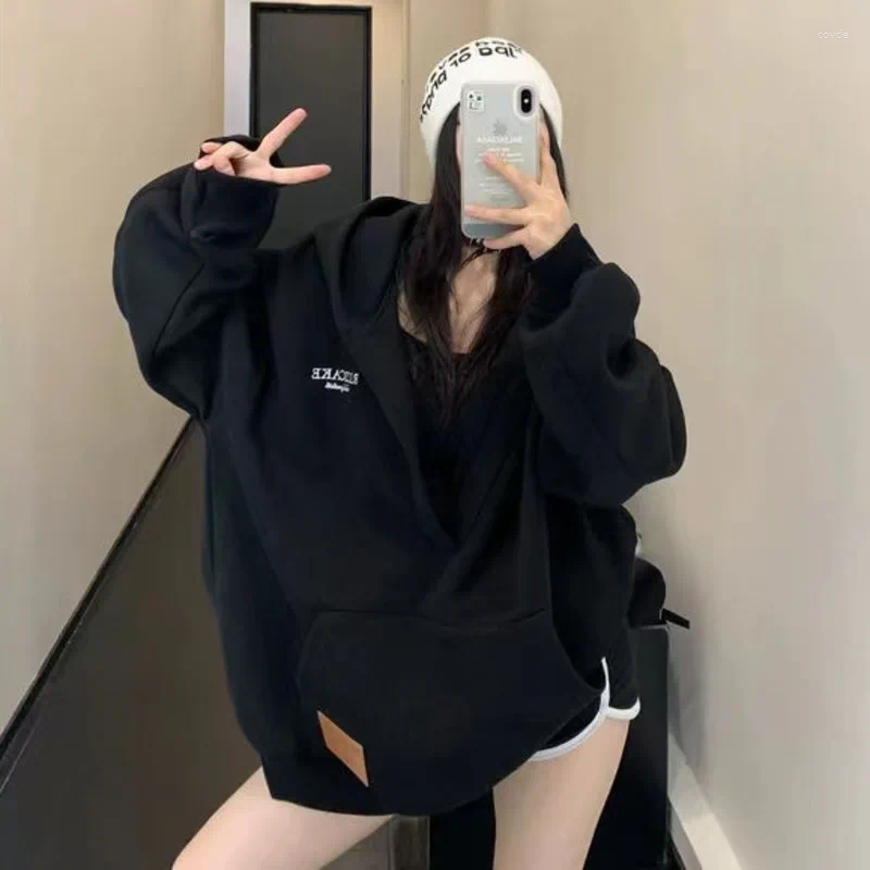 Women's Oversized Hoodie With Letter Embroidery - Casual Grunge Sweatshirt For Winter, Kpop Style