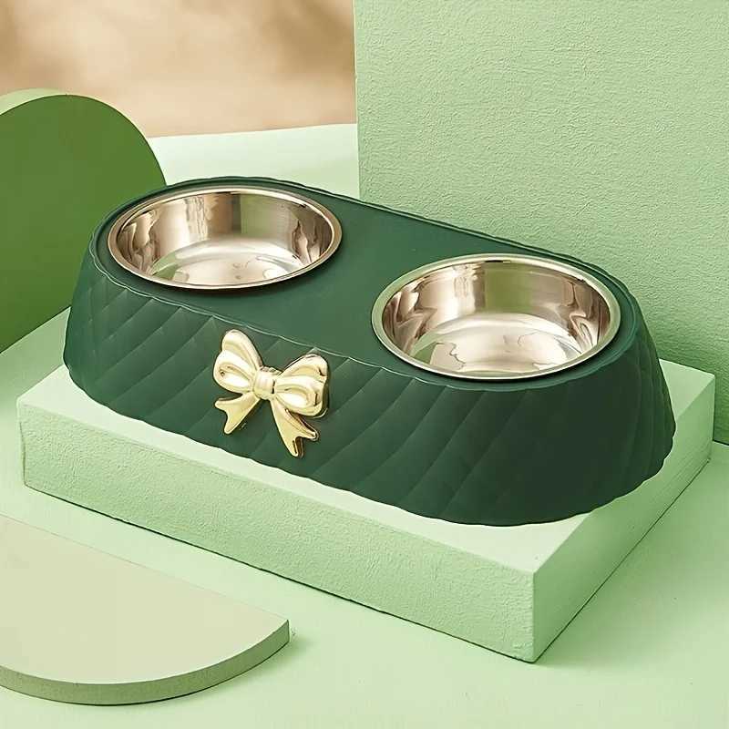 A set of colorful fashion bow pet bowl Large capacity feeding double bowl stainless steel cat bowl feeding water cat rice bowlXJ241125