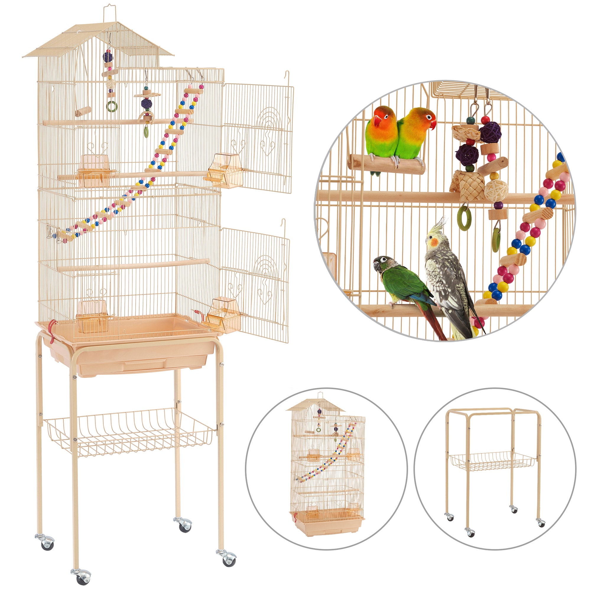 Topeakmart Almond Metal Bird Cage with Ladder Toy and Rolling Detachable Stand, 62.4" H