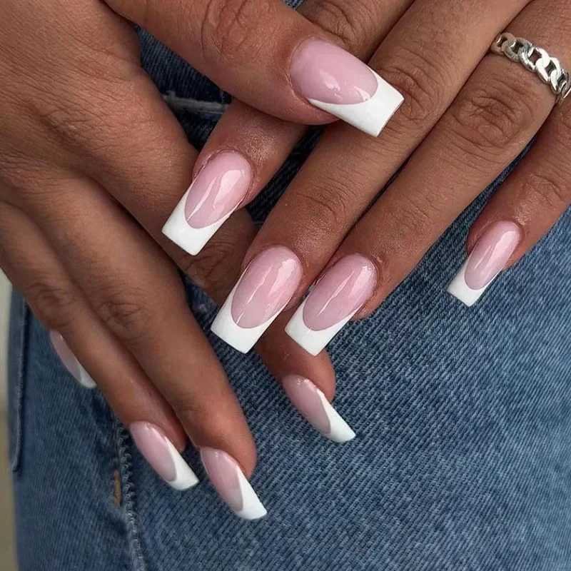 24Ps/set of fake nails art wearable long ballet fake nails acrylic pressure nail full cover detachable white border French fake nailsW241125