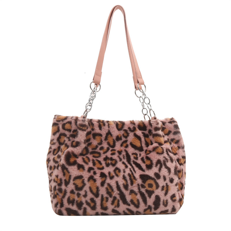 New Leopard Print Bags Women Fashion Portable Faux Fur Handbags Winter Soft Warm Bag Girls Fluffy Large Capacity Tote Purse Cotton Fabric