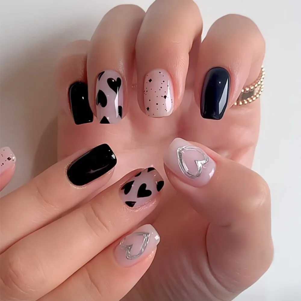 24pcs Fake Nail Square Head French Nail Press on Nail Waterproof Fake Finger Black Love Nail Stick Full Set Fake NailW241125