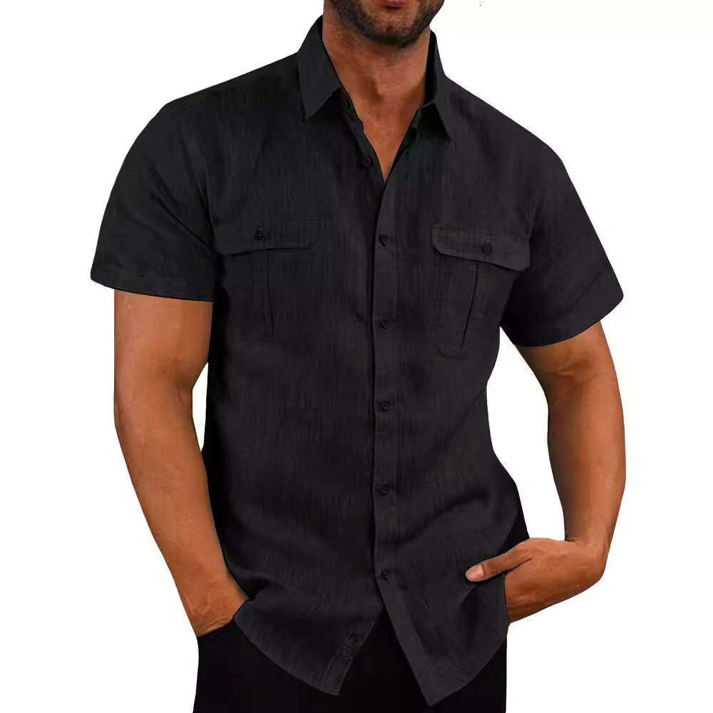 European American Men's Shirt With Double Pockets, Cotton And En Short Sleeves, Casual Vacation In 7 Colors