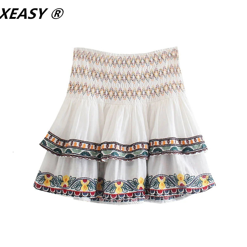 XEASY Women Fashion 2Piece Set Vintage Flowers Batwing Sleeve Embroidered Shirt Female High Waist Mini Skirt Sweet Suits 240423