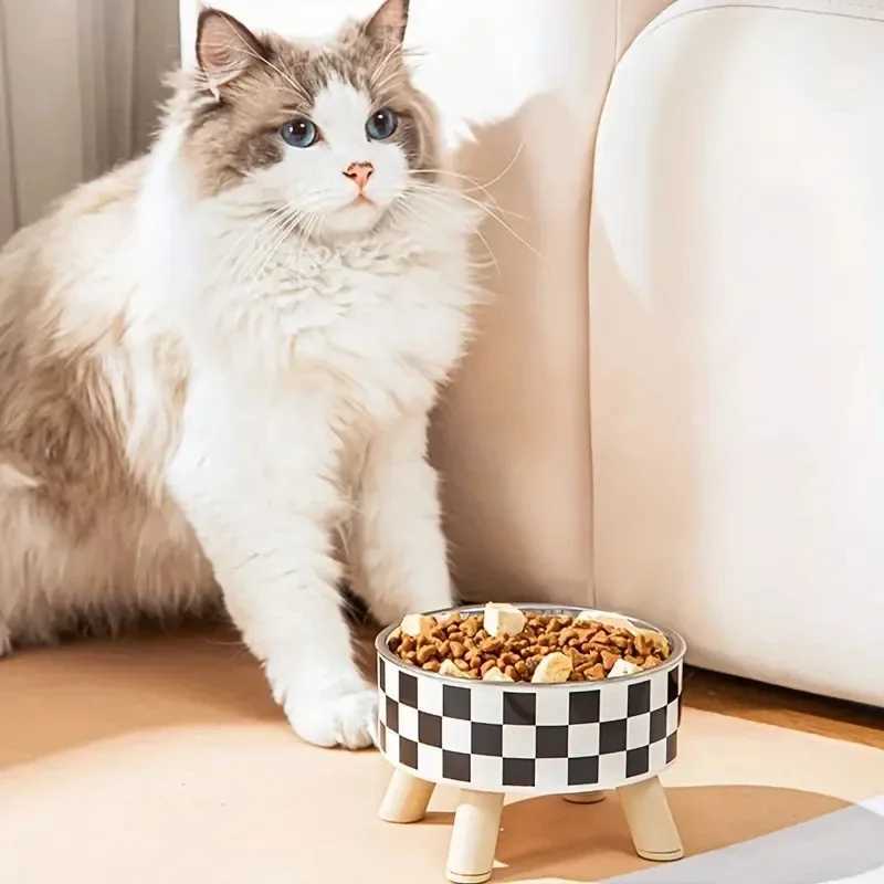 Pet bowl polka dot checkered high-legged cat bowl dog bowl heightened neck protection food and water pet suppliesXJ241125