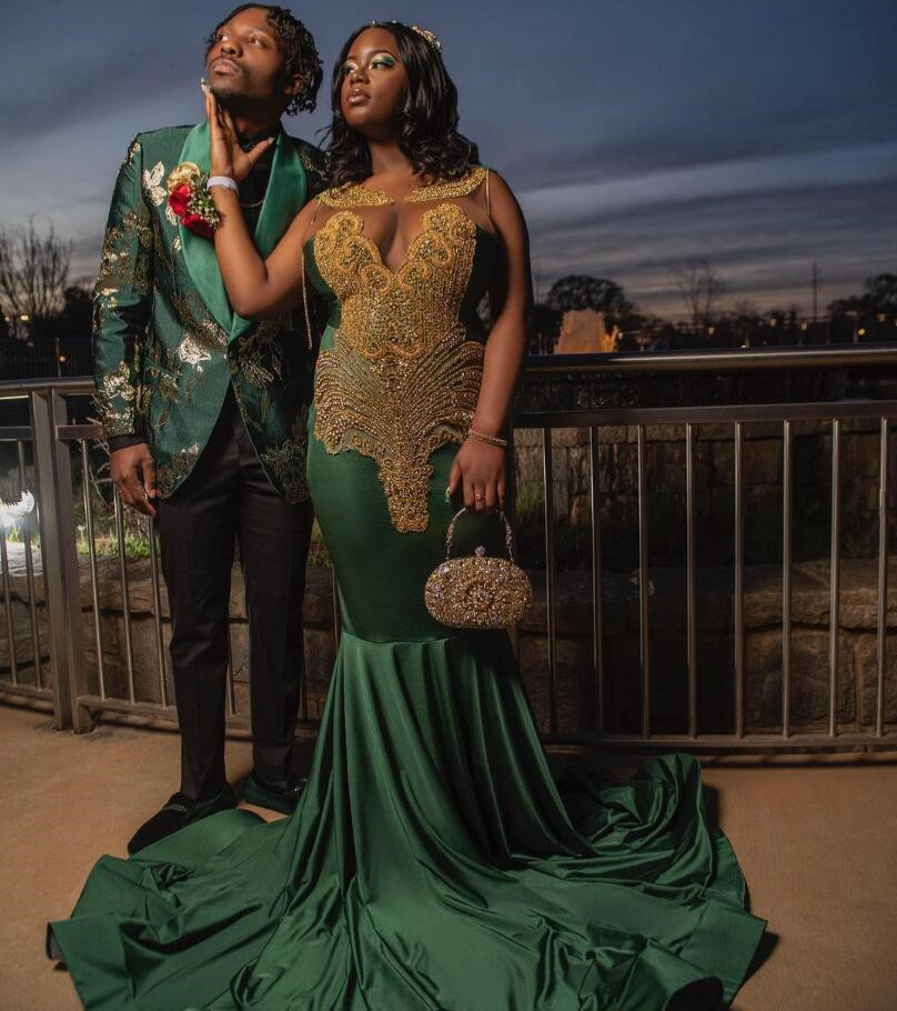 Hunter Green Long Mermaid Prom Birthday Gala Dresses for Black Girl Sparkly Diamond Crystal Evening Party Dress Plus Size