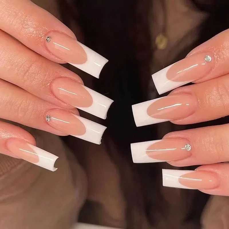 24Ps/set of fake nails art wearable long ballet fake nails acrylic pressure nail full cover detachable white border French fake nailsW241125