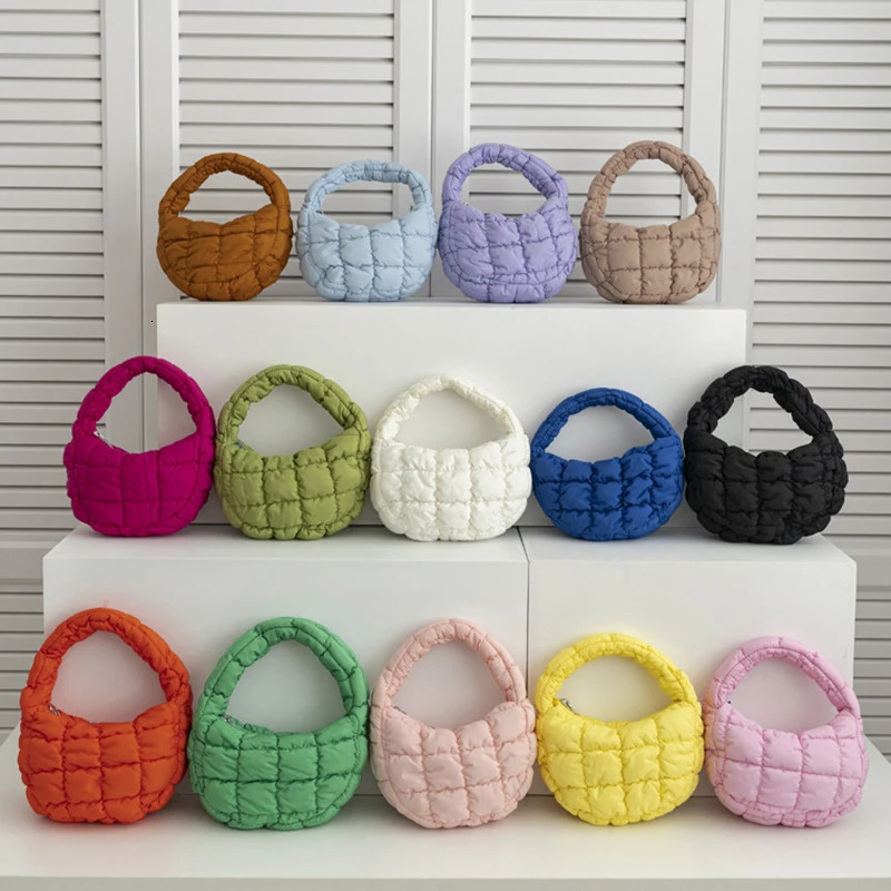 Fashion Mini Puffer Tote Bag Quilted Circle Phone Purse Elegant Purple Soft Nylon Padded Key Pouch Simple Trend Handbag 241128