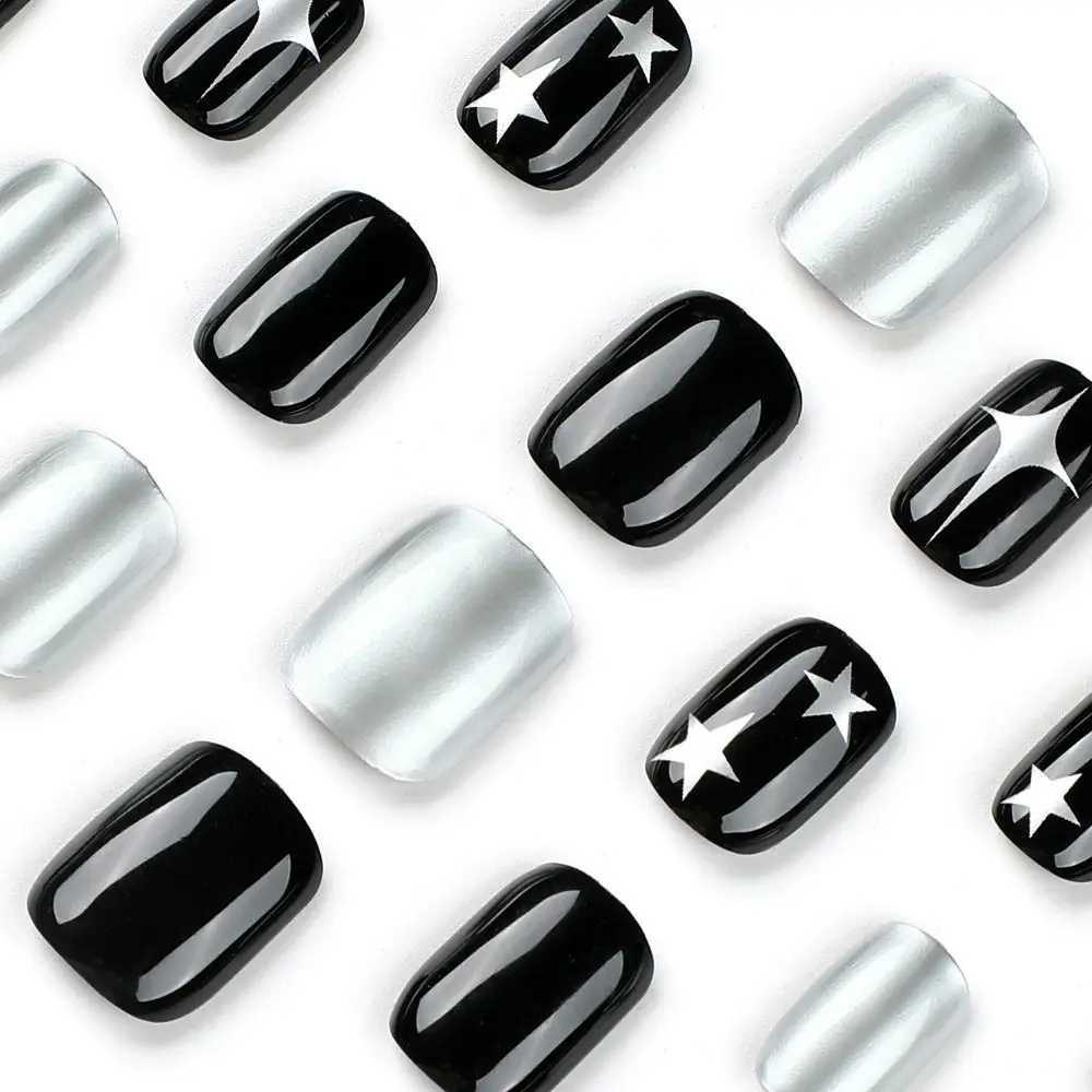 24 pieces of black short circular fake nails with Y2K silver star design French fake nails with full cover detachable nail tip press nailW241125