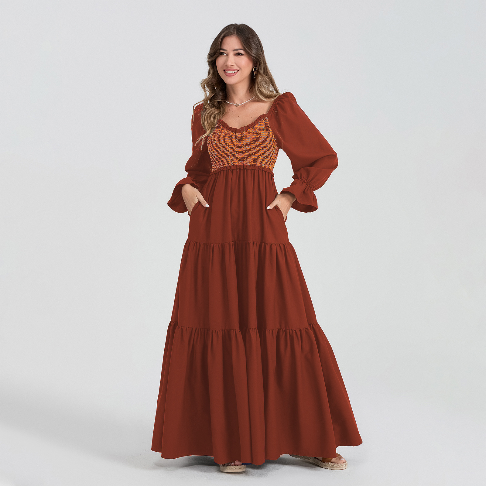 Women's Hot Item Long Sleeved Pleated Layered Black Fungus Edge Big Swing Dress