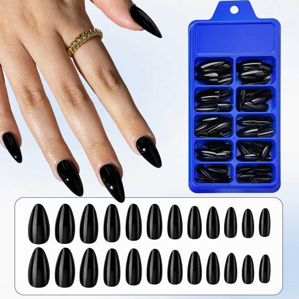 100pcs Black Almond Fake Nail Mid-length Solid Color Artificial Nail Removable Press On Nails Tip Almond Nail Art False NailW250120