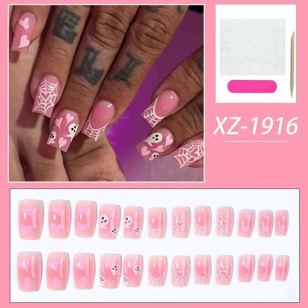 24 pieces of short square Halloween inspired fake nails painted ghosts cobweb and love designs all covered with pressed nailsW241125