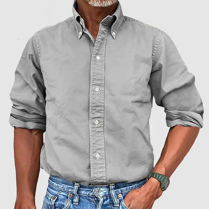 Four Seasons New Men's Business Daily Urban Versatile Collar Button Solid Color Shirt B3