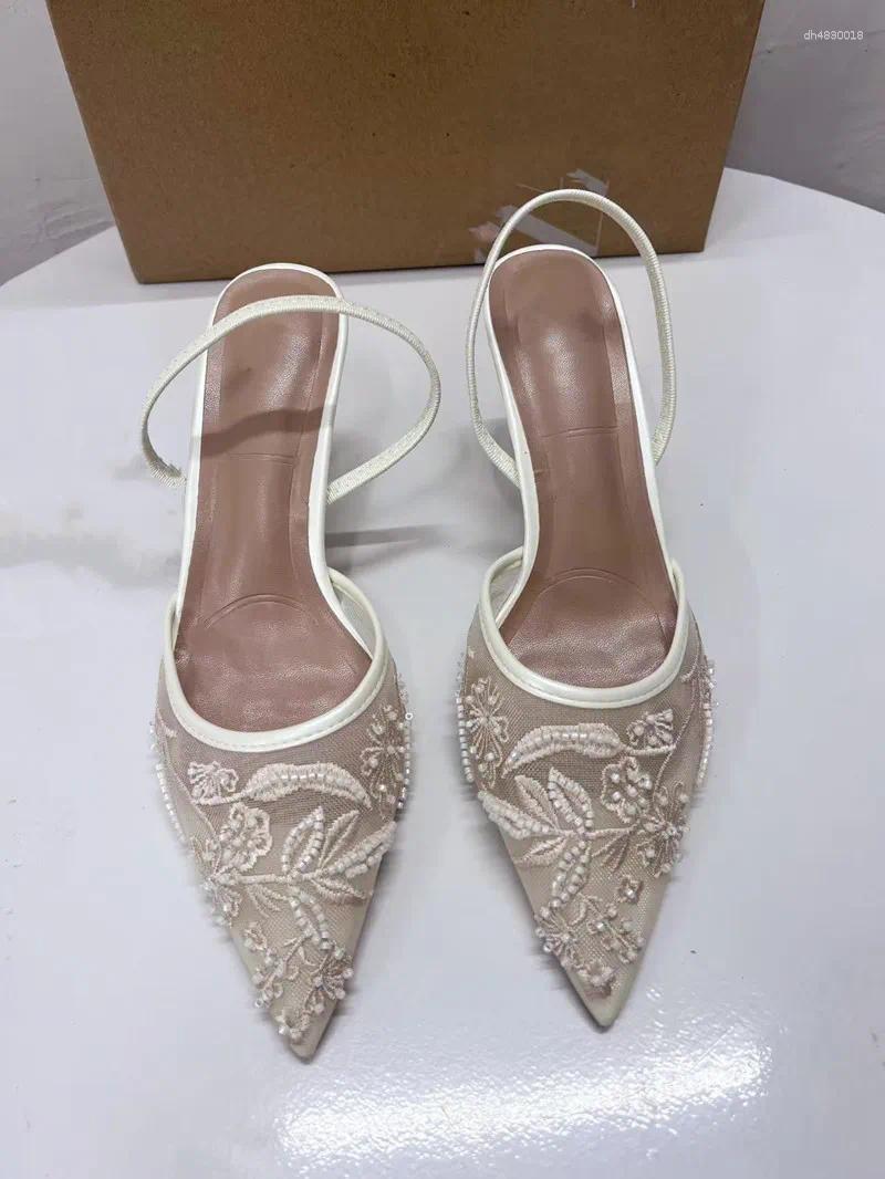 Embroidered Mesh Women's Open Heel Stiletto Pumps - Hot Sexy Pointed Toe High Heels Sandals Mules For 2024 -