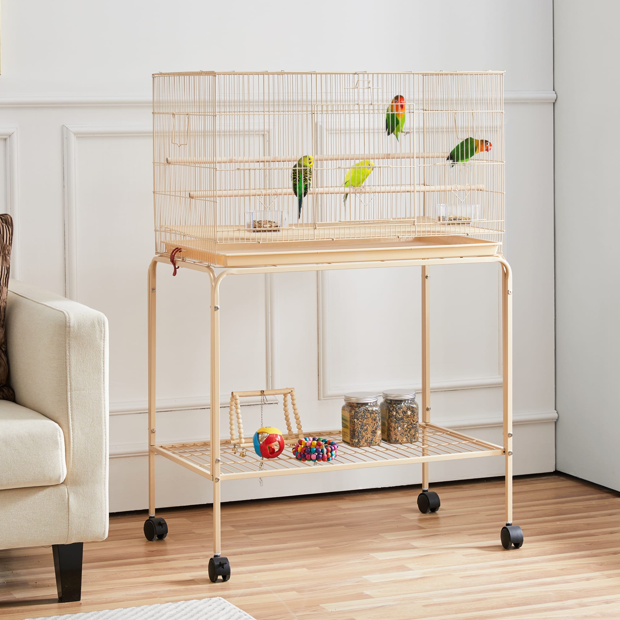 Topeakmart Almond 47" Flight Cage with Slide-Out Tray and Rolling Detachable Stand for Birds