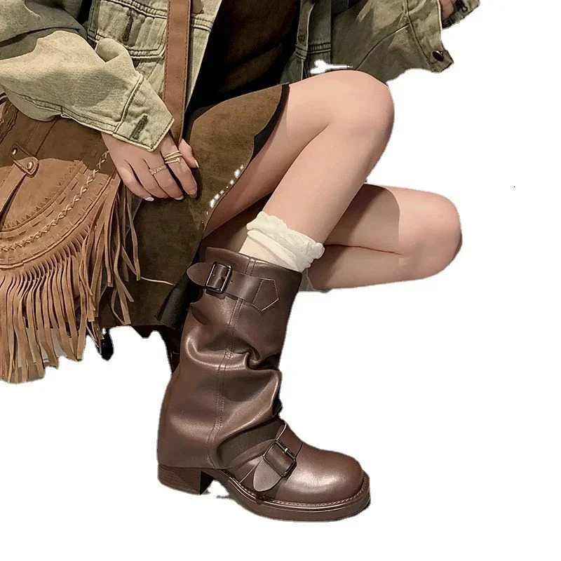 Pleated Buckle Knight Boots for Women Autumn Brown PU Leather Mid Calf Boots Woman Slip-On Thick Heel Riding Botas Mujer 2024 241125