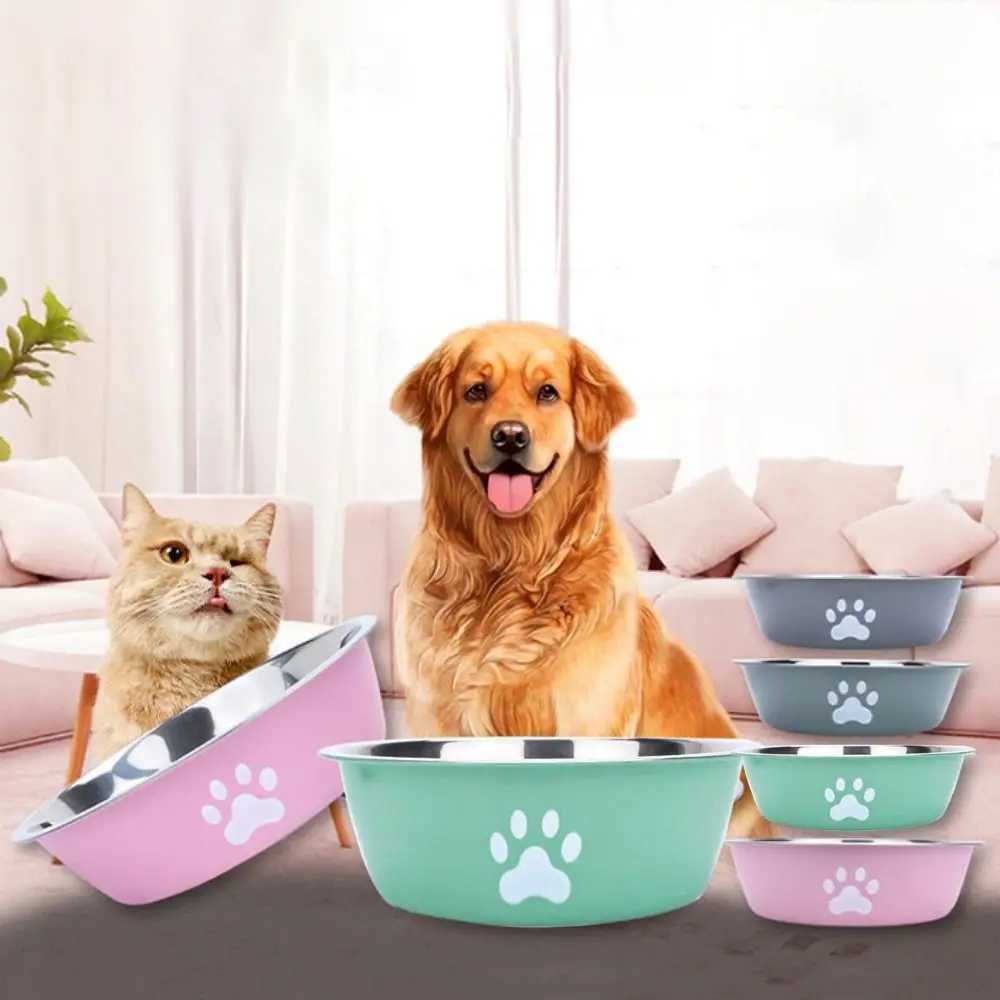 Non-slip Stainless Steel Dog Bowl Bilayer Non-rust Dog Water Bowl Cat Paw Pattern Pet Feeders Dog Food Bowls Drinkers HomeXJ241125