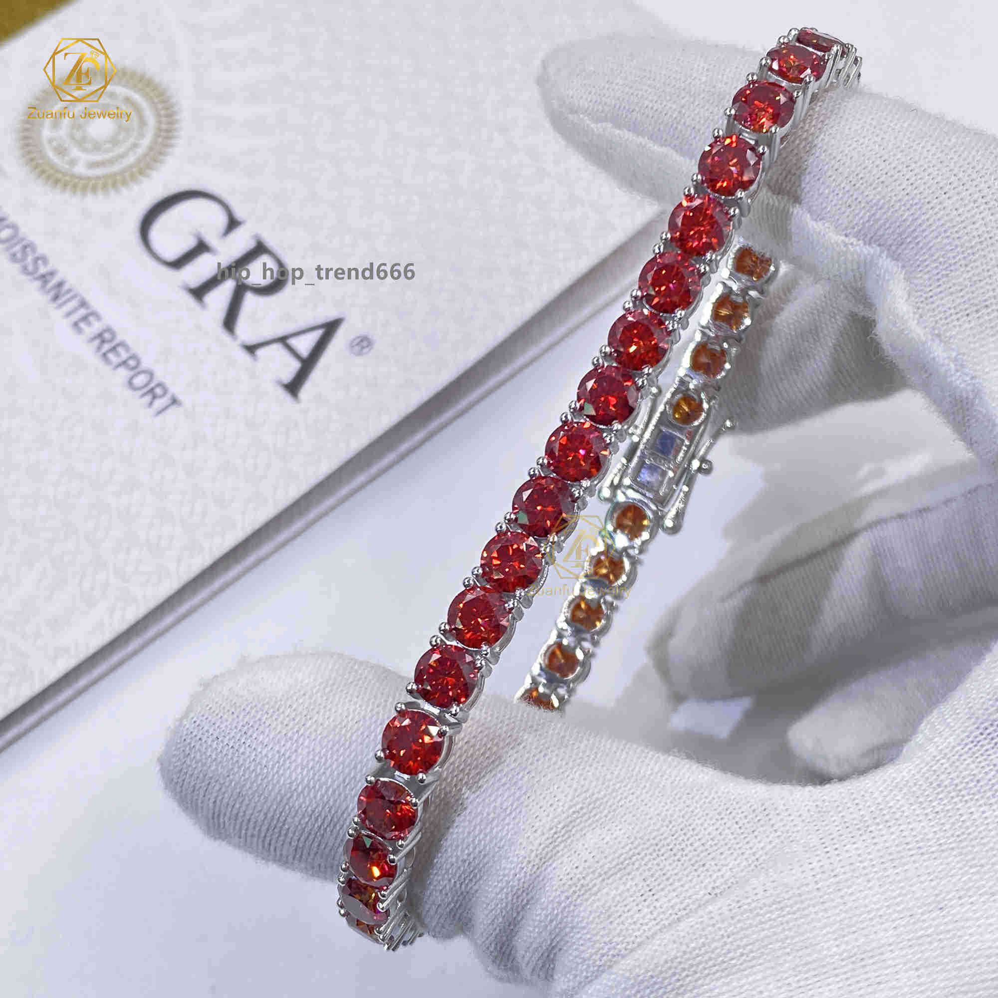 Fashion Jewelry Sier Hiphop Garnet Red Necklace Bracelet Iced Out Moissanite Tennis Chain