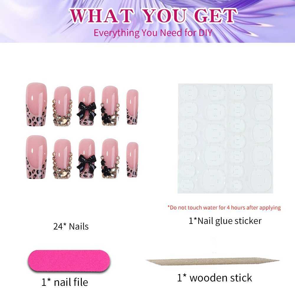 24 rectangular nails sparkling diamond jewelry black ribbon decoration leopard print fake nailsW241125