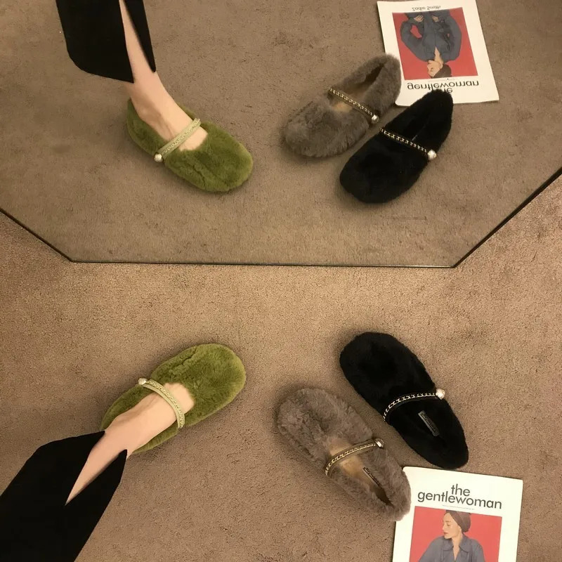 Fur Flats Women Shoes Fashion Mary Janes Shoes Women Warm Plush Loafers Women Fashion Cotton Shoes Femme 241125