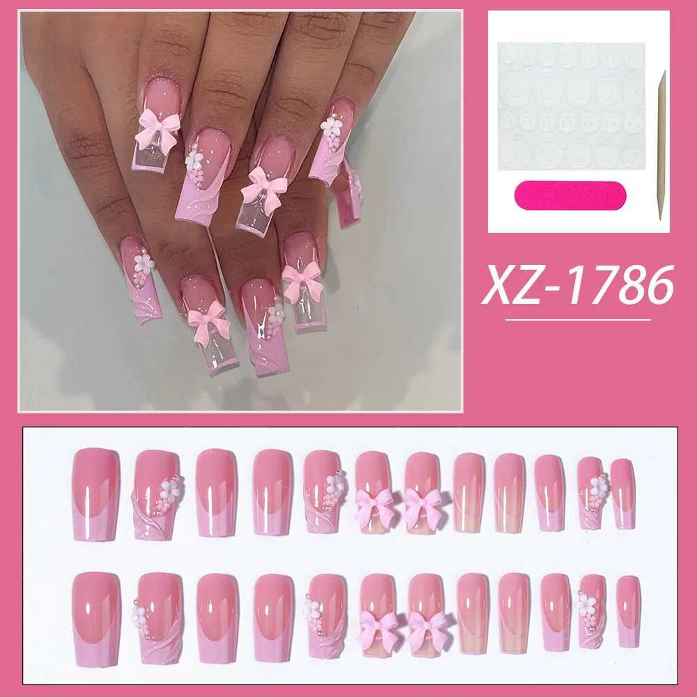 24 long holiday nails with water ripple square nails pink 3D bow transparent design removable by nail reusableW241125