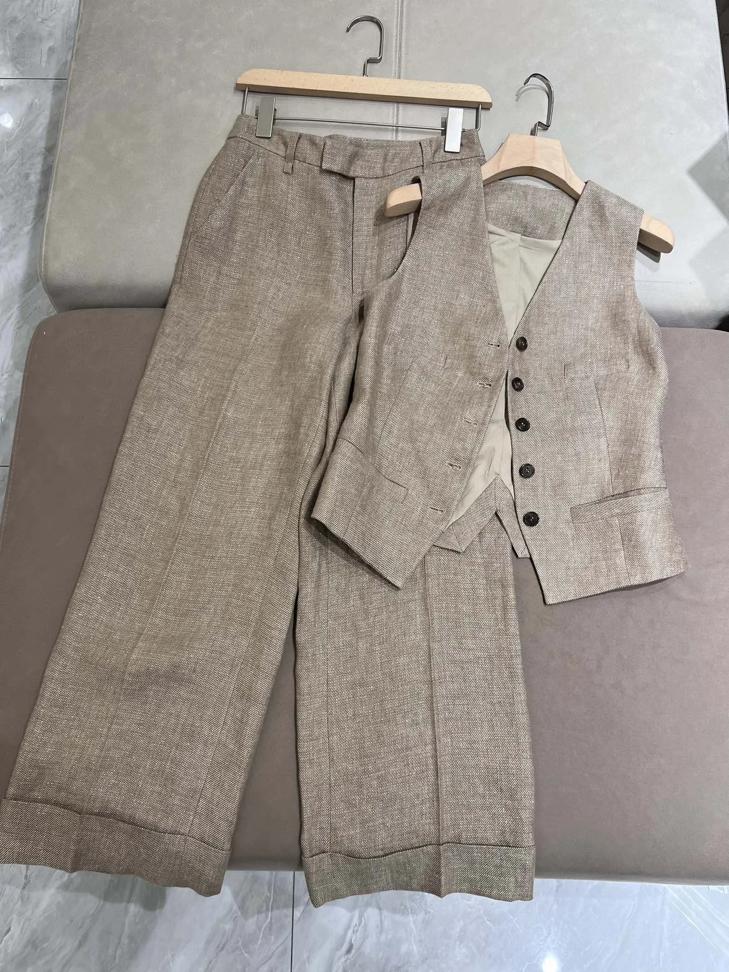 Spring BC Womens Pants Suit Linen Blazer Jacket Vest High Waist Wide Leg Trousers 3 Piece Set Female Clothing 240423