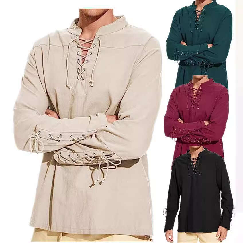 Men's New Cotton And En Henry Shirt Long Sleeved Hippie Casual Beach Stand Up Collar Ing European Size B3