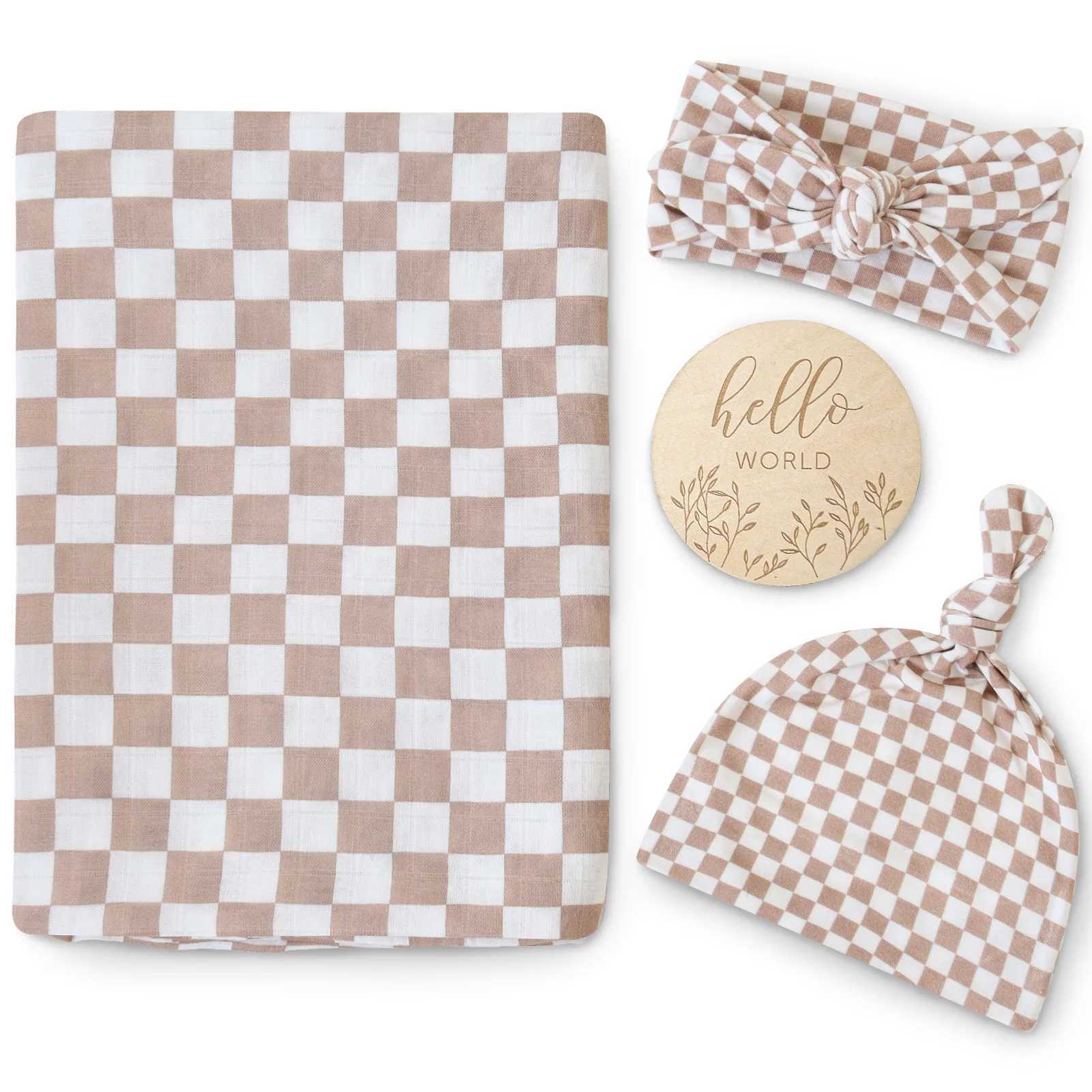 Blankets Swaddling 4pcs/set Baby Blankets Newborn Checker Pattern 2 Layers Bamboo Cotton Baby Muslin Swaddle Blanket Wrap Headband Beanie Set