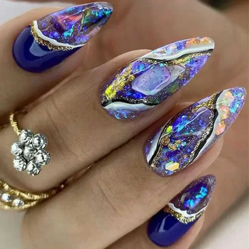 24 pieces of Purple Heart Almond Fake Nails easy to artificial with glue French wearable fake nails full set of nail pressing tips artW241125