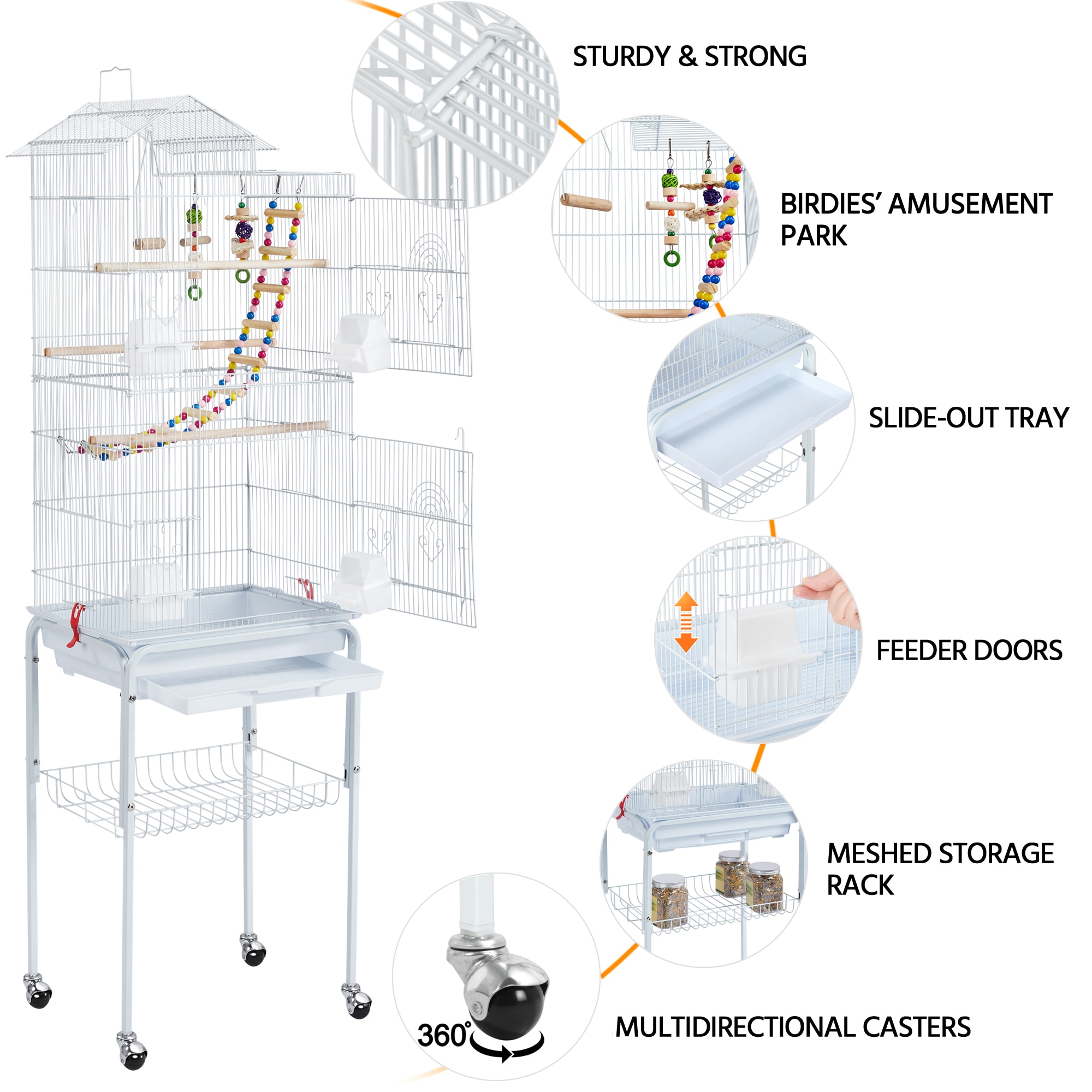 Topeakmart White Metal Bird Cage with Ladder Toy and Rolling Detachable Stand, 62.4" H