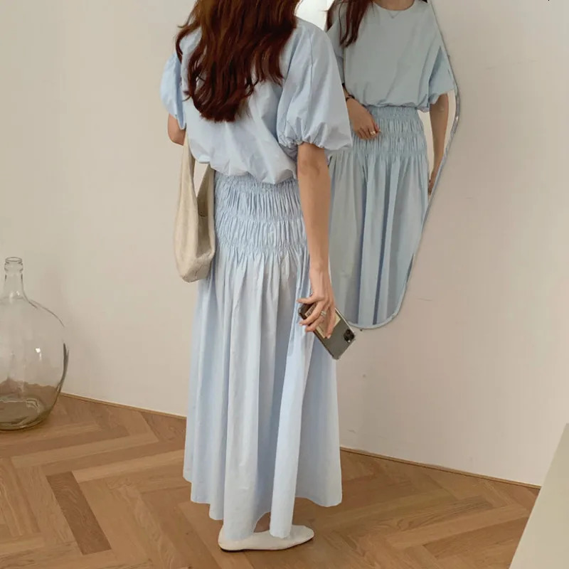 Oversized Summer Vintage 2 Two Piece Skirts Sets Women Outfits Puff Sleeve Crop Top and Elastic Waist Pleat Long Aline Skirt 240423