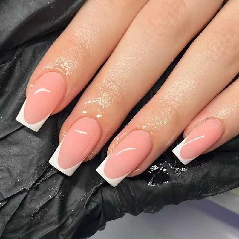 24 pieces of white edged French fake nails rectangular head fake nails wearable simple nail set full set of pressure on nail tipsW241125