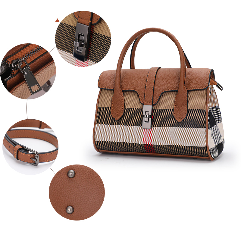 New Plaid Women's Designer Large Capacity Handbag Canvas Patchwork Cowhide Shoulder Bag Boston Bag Crossbody Bag
