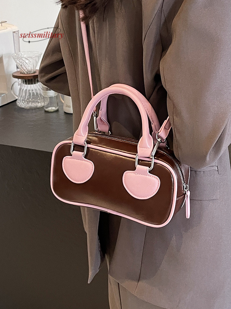 New Fashion Women's Handbags Korean Ins Contrast Bowling Shoulder Bag High Quality Texture Leather Crossbody Bags Trend#36 swissmilitary