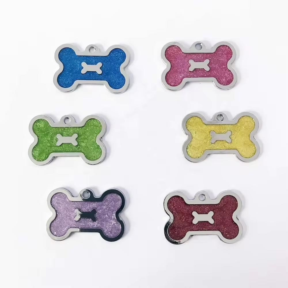 Luxury Multi-Color Glitter Bone Shape Zinc Alloy Pet Tag Loss Proof Lettering Solid Dog Brand Bone Tag Pet Collar Accessories