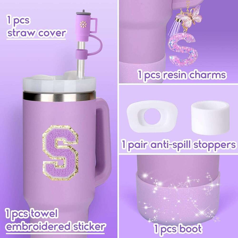 Purple 6-Piece Silicone Stanley Cup Accessories with Butterfly Glitter Letter Charms, Cup Sleeve, Letter Decals, and Straw Cap