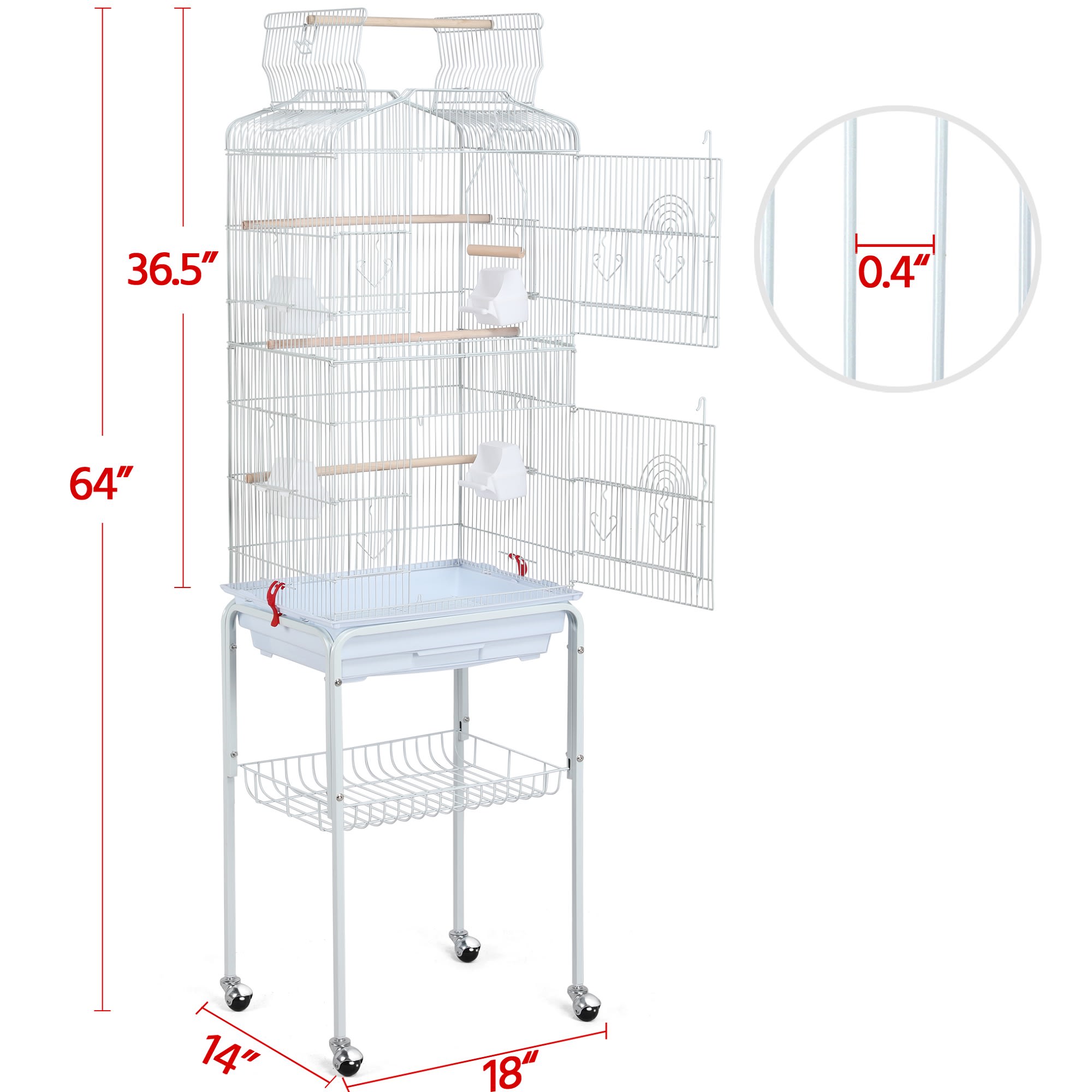 Topeakmart White Open Top Metal Bird Cage with Rolling Stand, 64" H