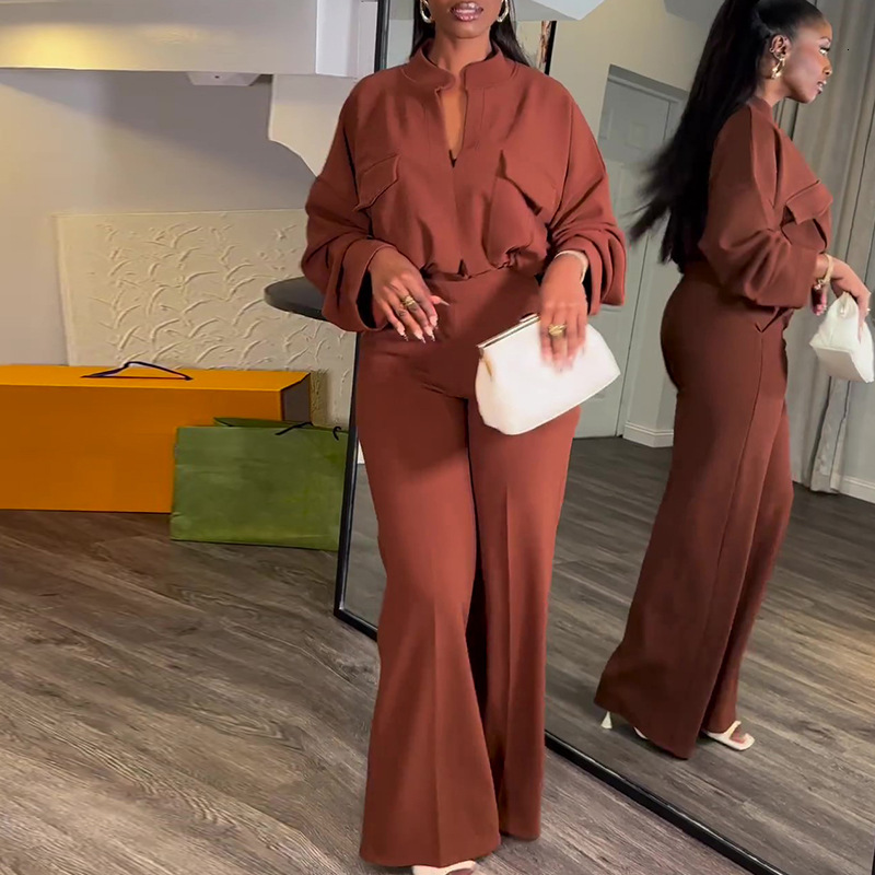 Large Size Women's Clothing Spring New Casual V-Neck Sleeved Top Wide Leg Long Pants Set