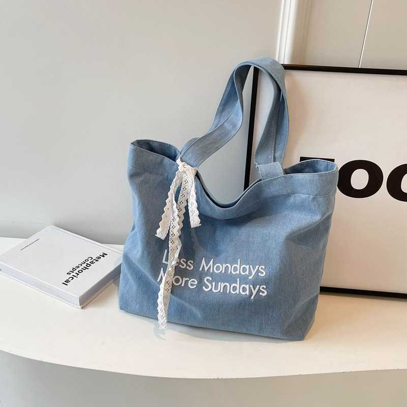 Washed Denim Bag New Embroidered Letters Tote Bag Trendy Large Capacity Shopping Handbags Korean Female Shoulder Bags 241125