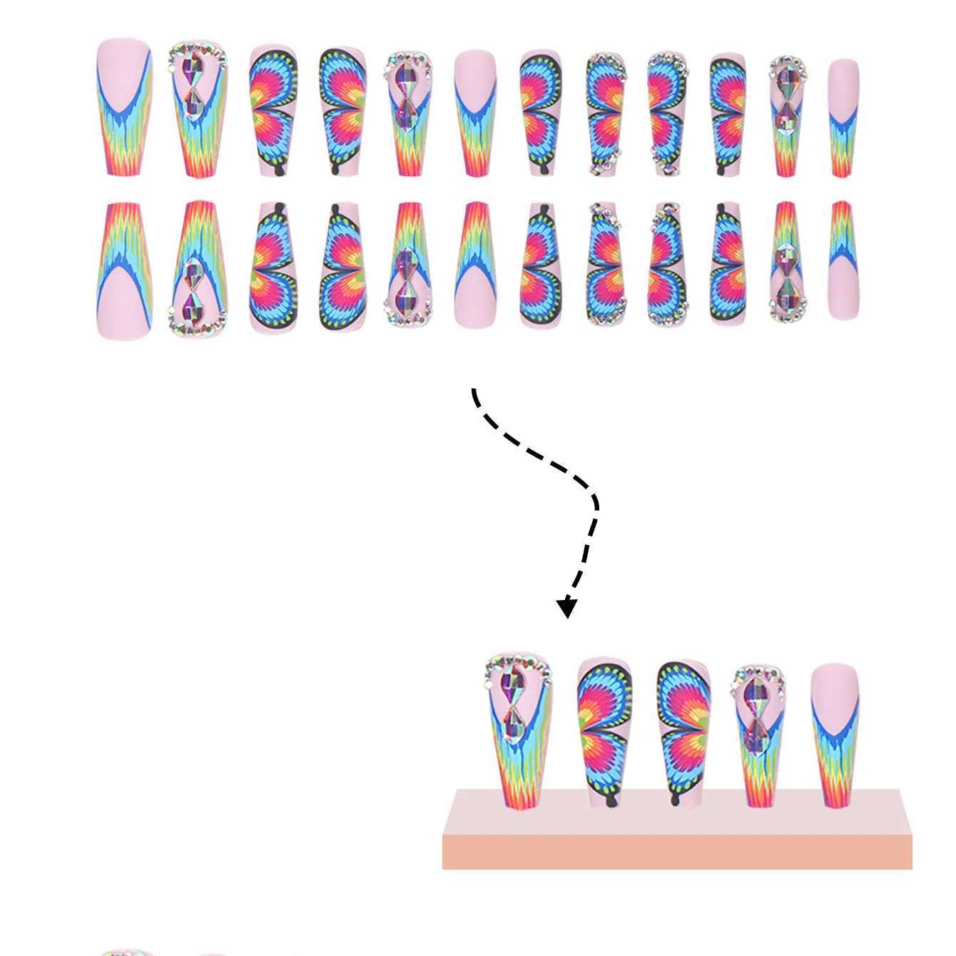 24 long coffins frosted rainbow French and colorful butterfly patterns fake nails a piece of jelly glueW241125
