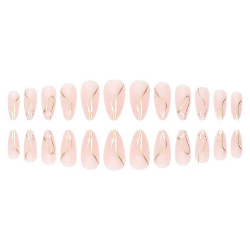 24 pieces of almond shaped irregular gold thread pattern fake nails 1 piece of nail file and 1 piece of jelly glueW241125