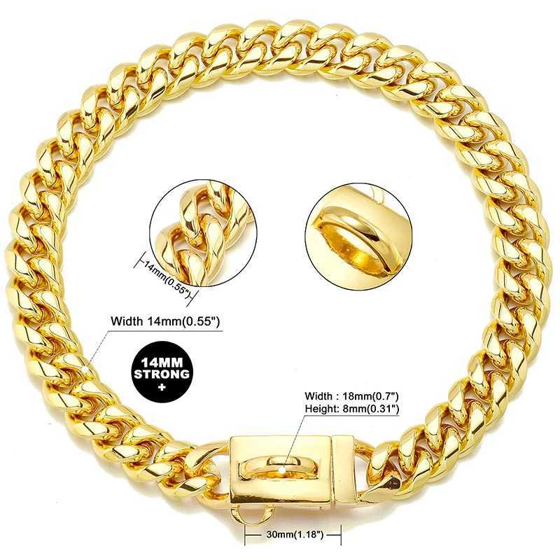 18K Gold Dog Collar Stainless Steel Cuban Chain 14mm Wide Metal Pet Necklace Used for Small Medium and Large Dog Collar Products X241125