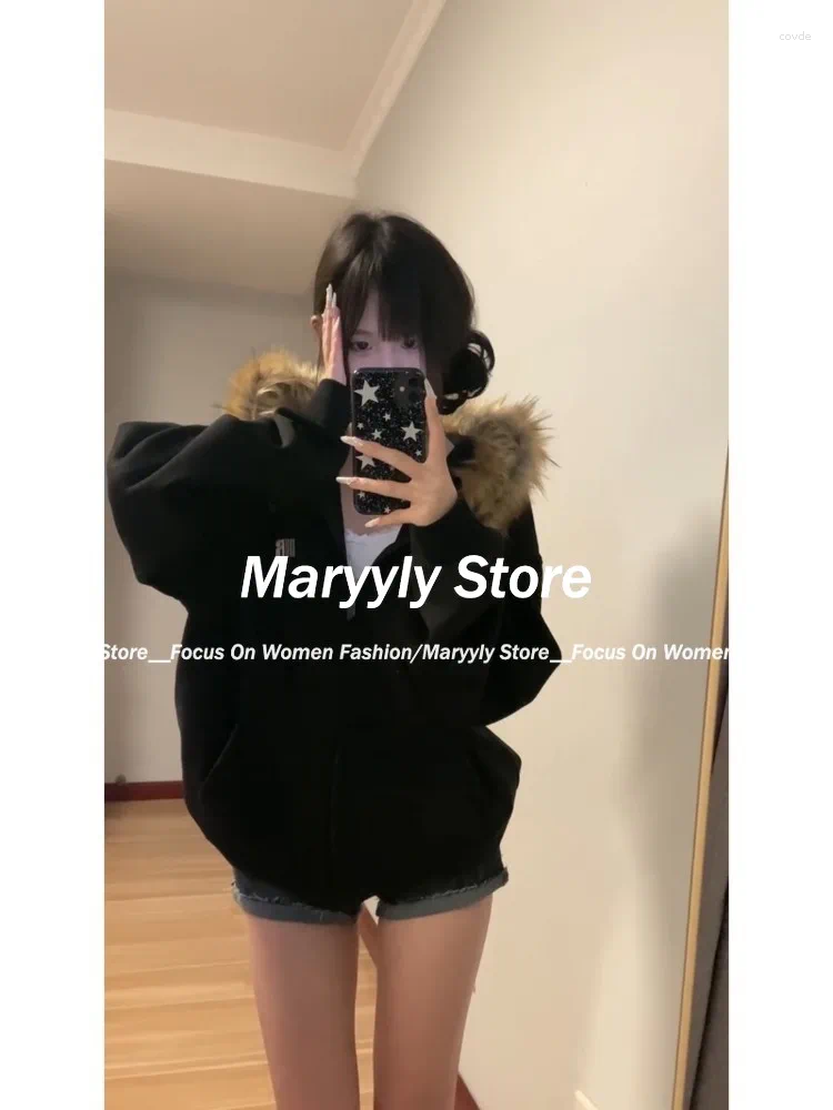 Women's Hoodies Autumn Winter Women Black Zip Up Vintage Korean Preppy Style Faux Fur Coat Oversized Casual Sweatshirt Haruku Jacket