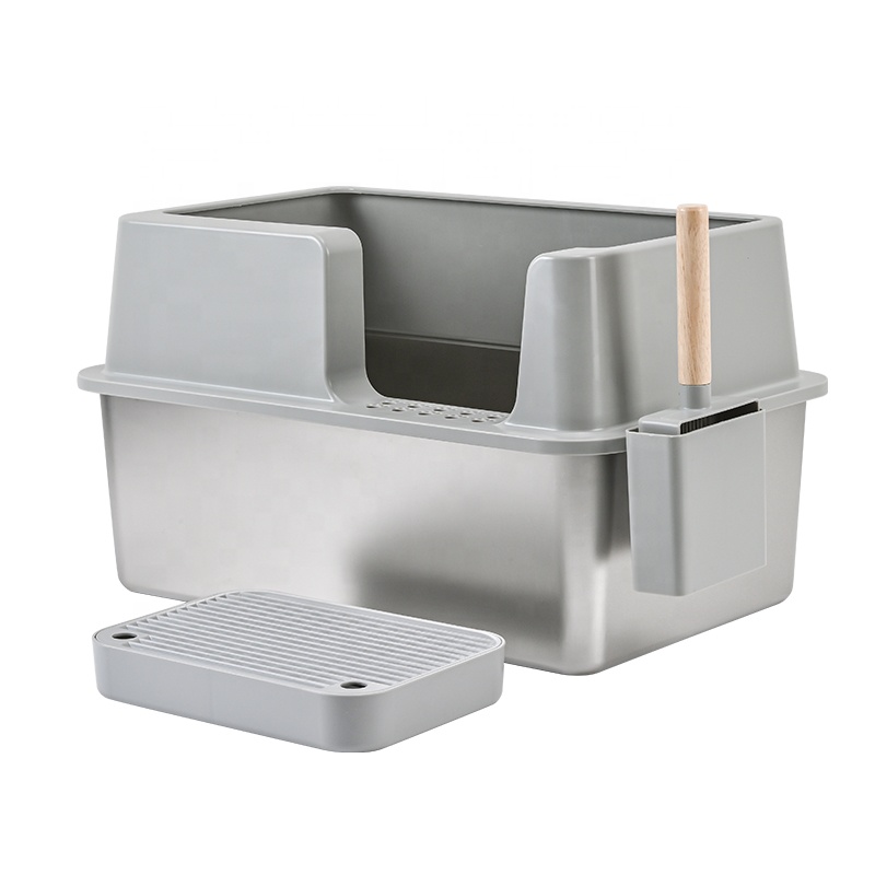 Oversized Stainless Steel Cat Litter Box Anti-Sand Pedal Shovel Easy-Clean Height-Enhanced Enclosure Prevent Sand Splashing Odor