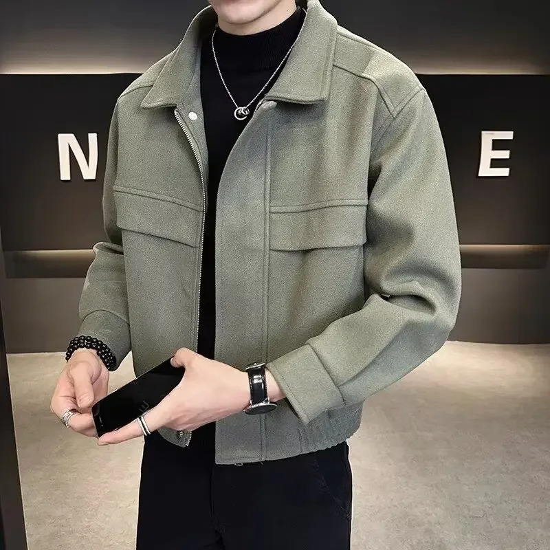Mens Autumn Winter Highend Feeling Cropped Woolen Jacket Casual Style Loose Fit Sweater Coat 241112