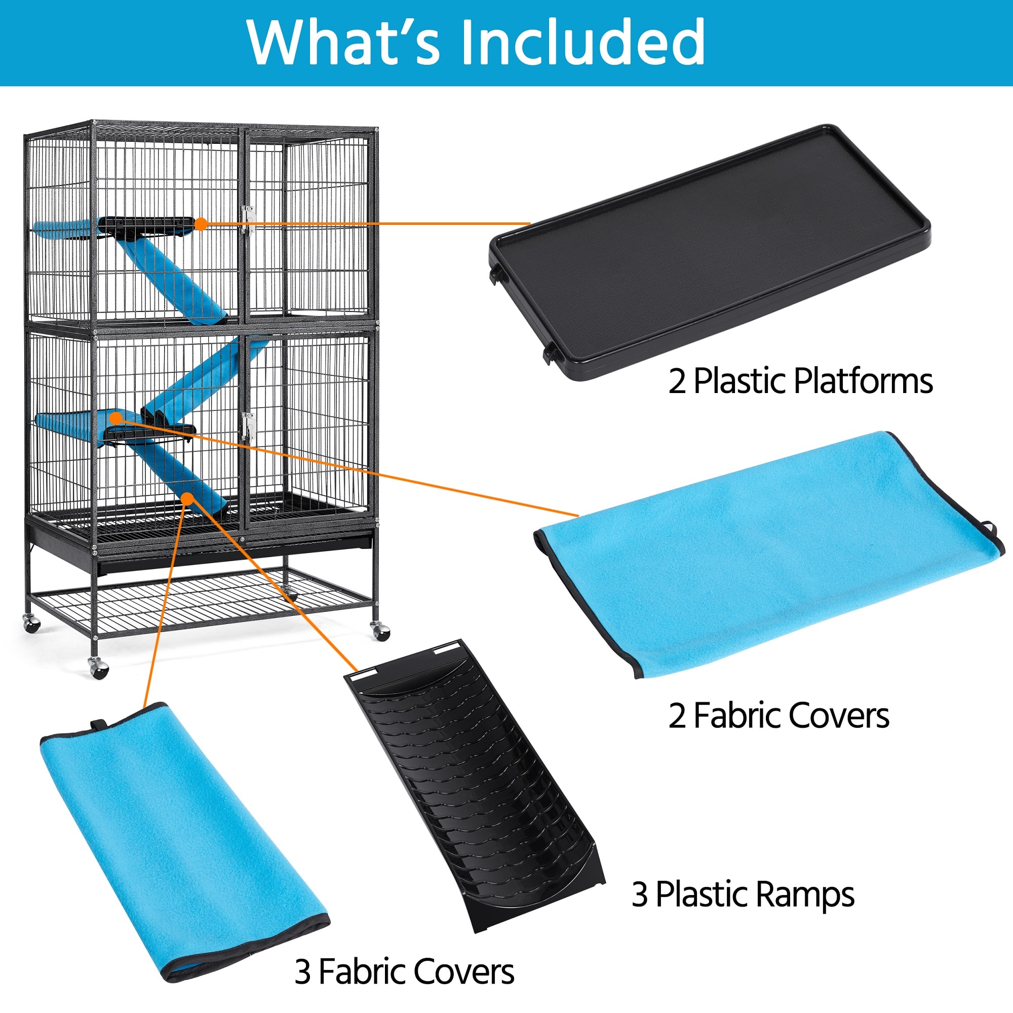 Topeakmart Hammered Black Rolling Metal Small Animal Cage with Removable Ramp, 31" L X 20" W X 54" H