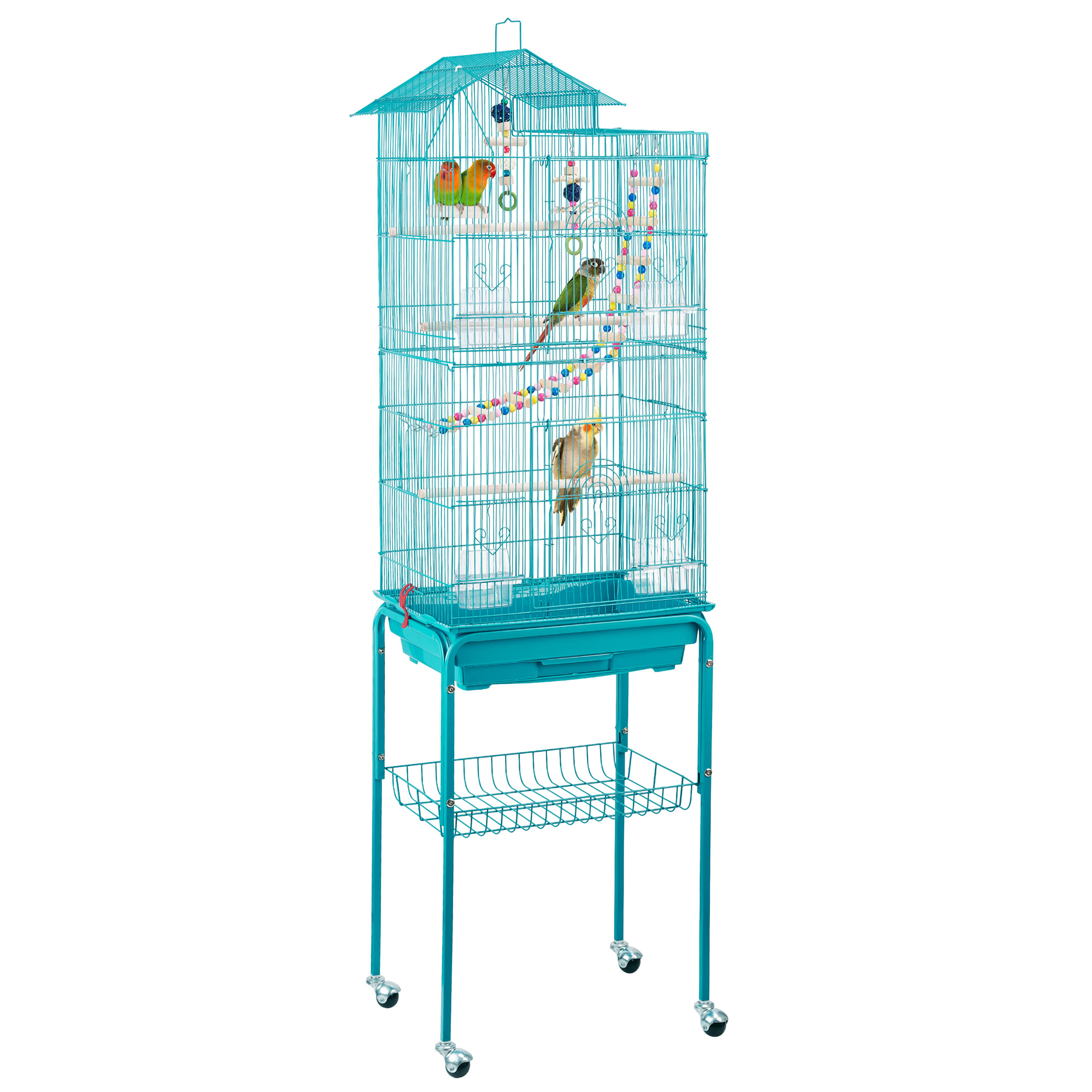 Topeakmart Teal Blue Metal Bird Cage with Ladder Toy and Rolling Detachable Stand, 62.4" H