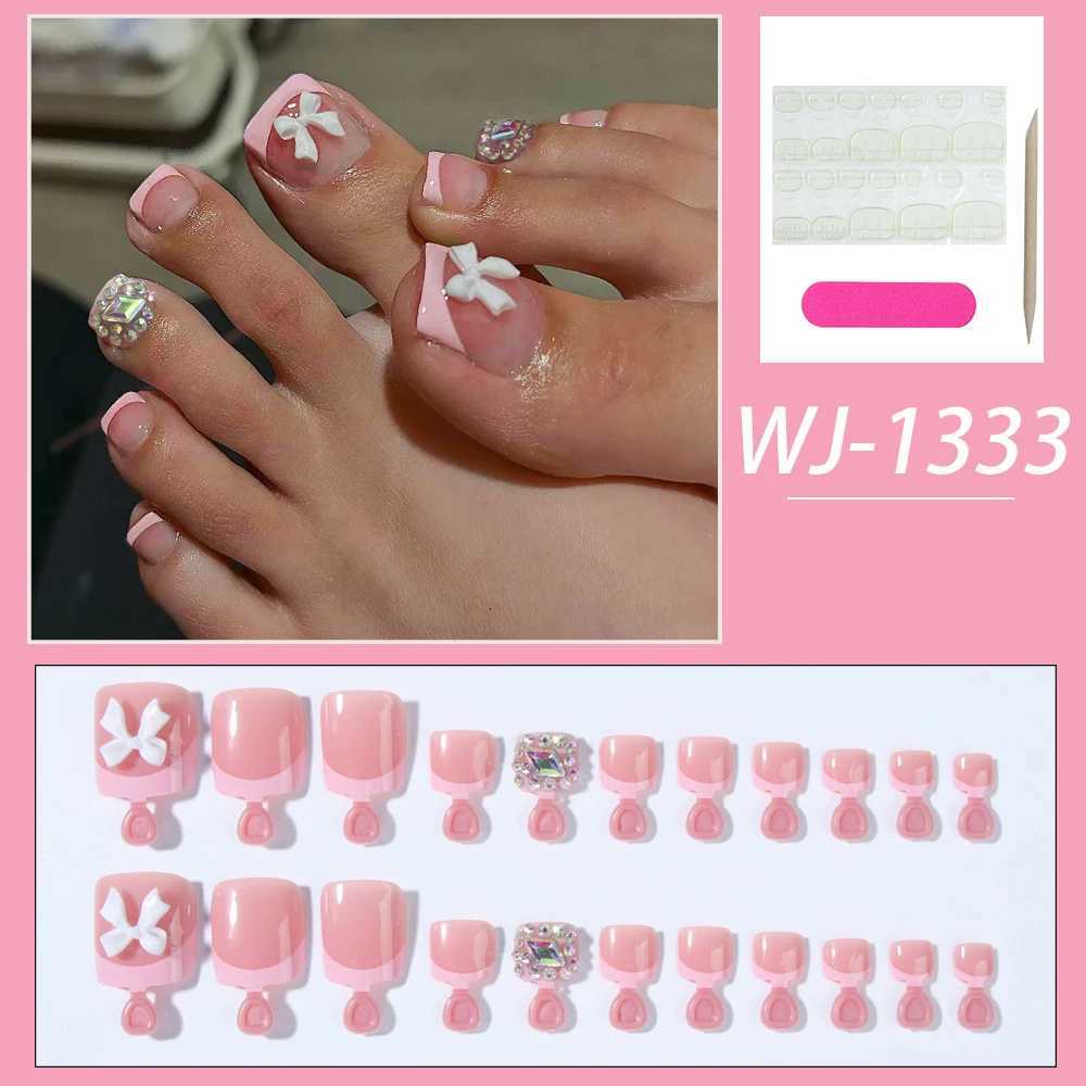 24 pieces of press detachable toenail short fake nail white bow sticky diamond design square nails reusable suitable for womenW241125