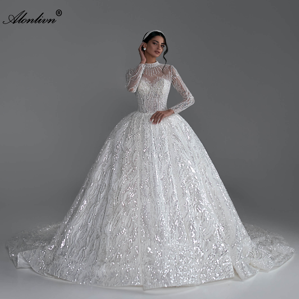 Luxury Sparkly Lace High Collar Full Sleeves Ball Gown Wedding Dress Beading Embroidery patterns princess Bridal Gowns embroidered With Multi-layered 