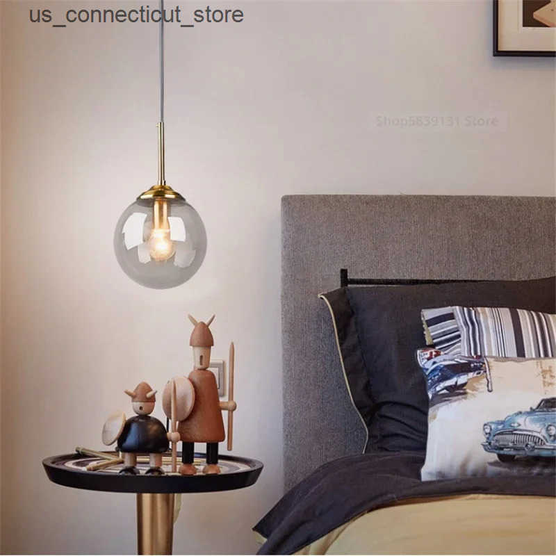 Pendant Lamps Nordic Modern Gray Glass Ball Island Pendant Lights Vintage Mirror Beside Bedroom Lamp Living Room Decor for Home Light Fixtures L240910